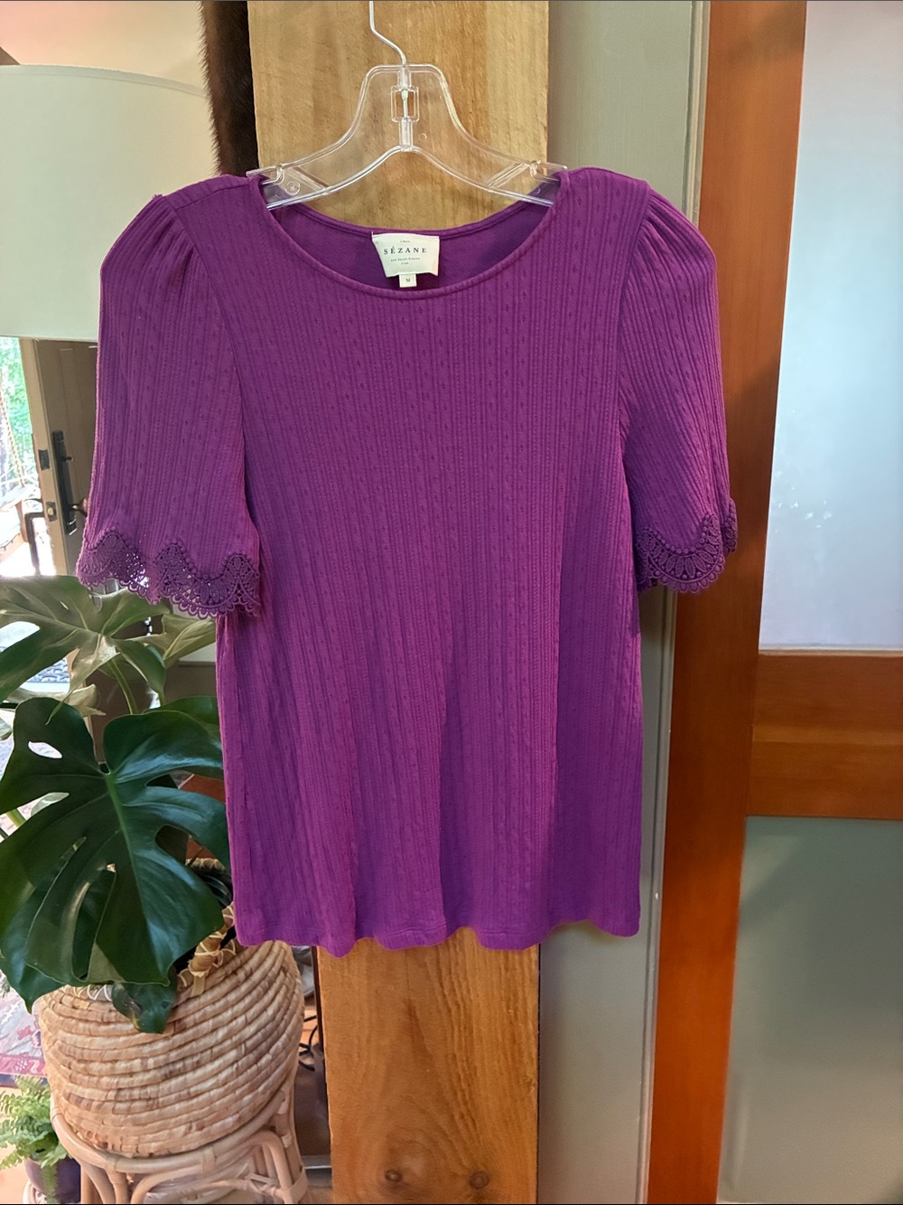 Fancy knit Feminine sweet Short Sleeve Ribbed Top with Lace Trim Sezane M 💋